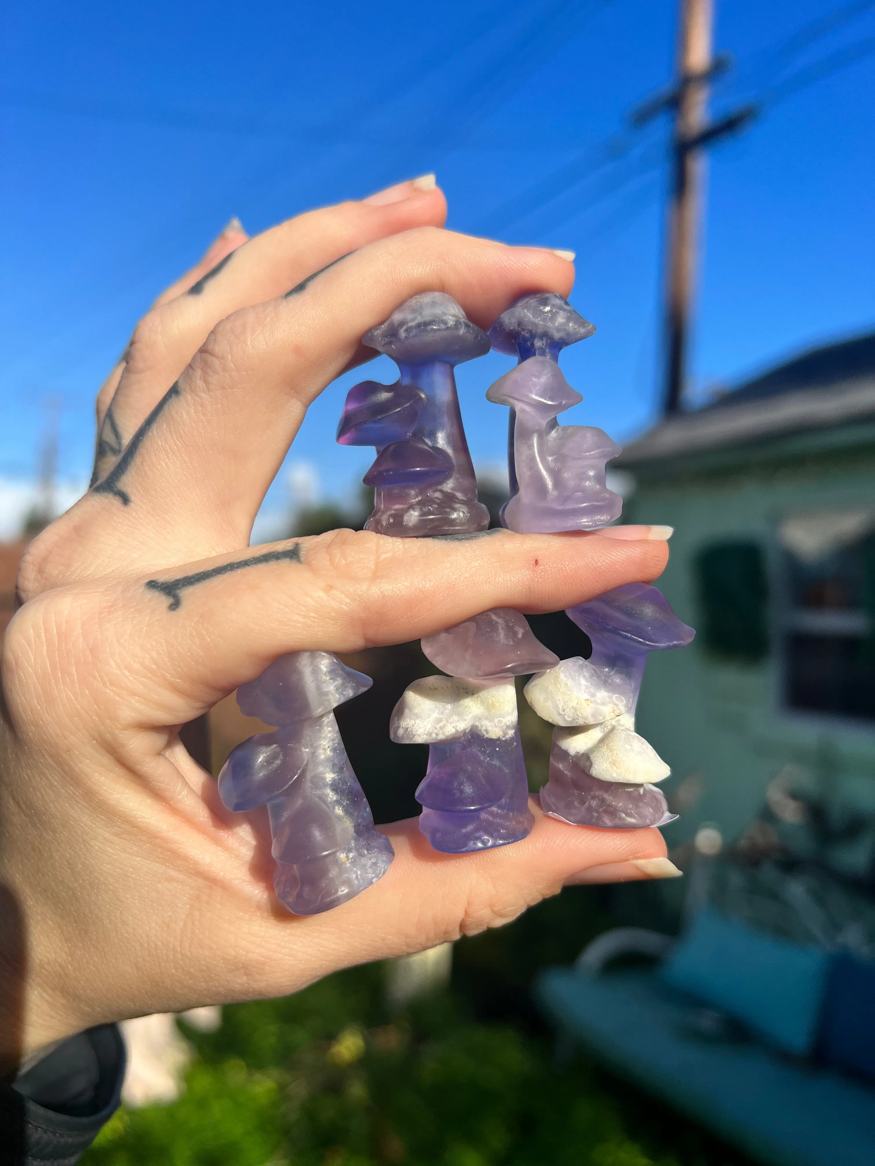 (1) one Fluorite triple mushroom carving