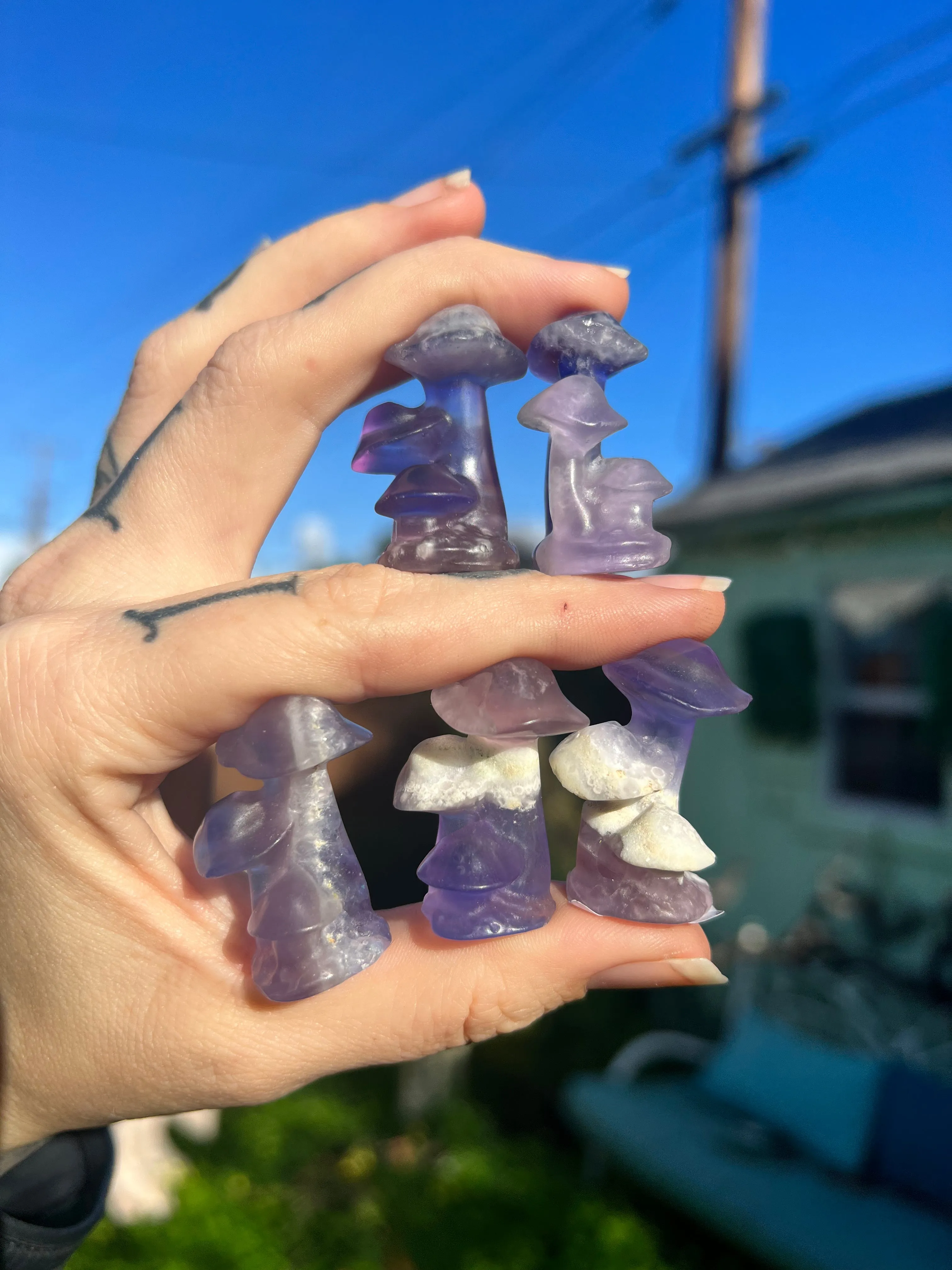 (1) one Fluorite triple mushroom carving