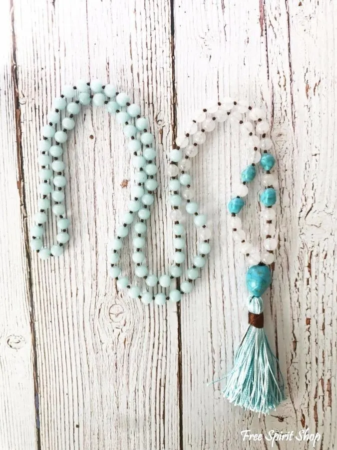 108 Aquamarine White Jade & Turquoise Mala Beads With Tassel