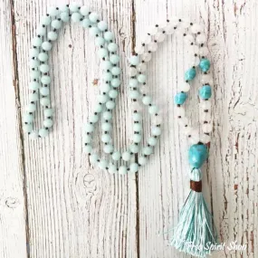 108 Aquamarine White Jade & Turquoise Mala Beads With Tassel