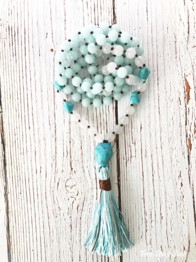 108 Aquamarine White Jade & Turquoise Mala Beads With Tassel