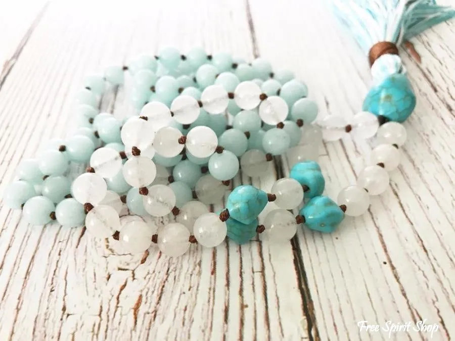 108 Aquamarine White Jade & Turquoise Mala Beads With Tassel