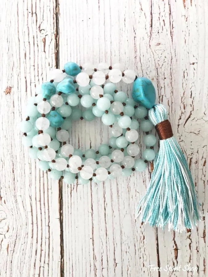 108 Aquamarine White Jade & Turquoise Mala Beads With Tassel