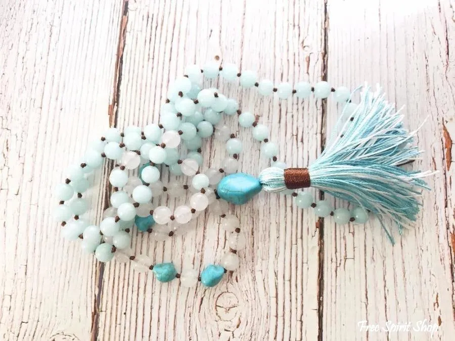 108 Aquamarine White Jade & Turquoise Mala Beads With Tassel