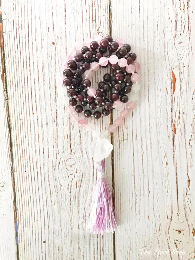 108 Natural Garnet & Rose Quartz Mala Beads Necklace