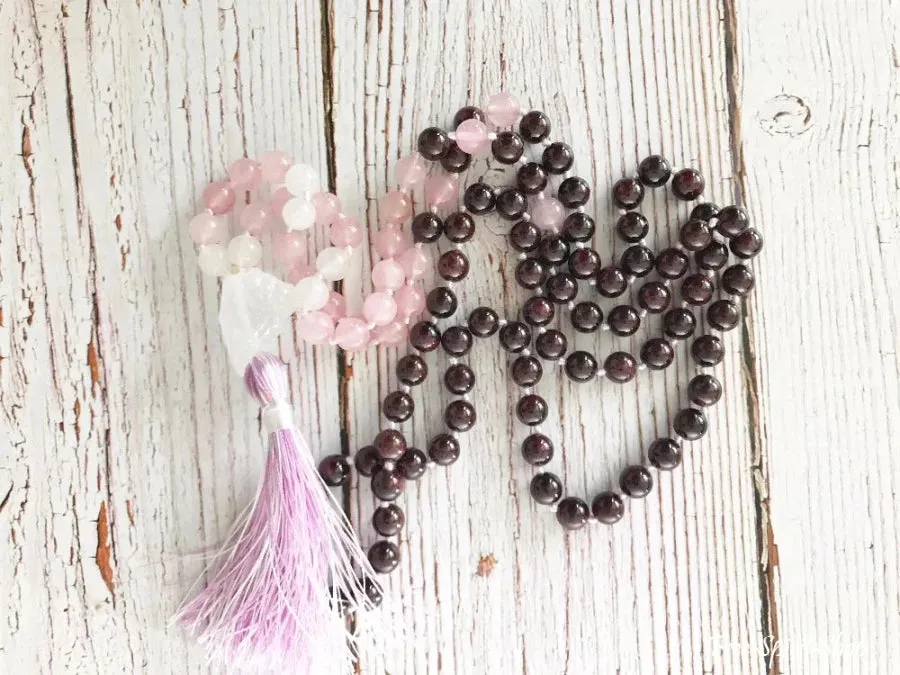 108 Natural Garnet & Rose Quartz Mala Beads Necklace