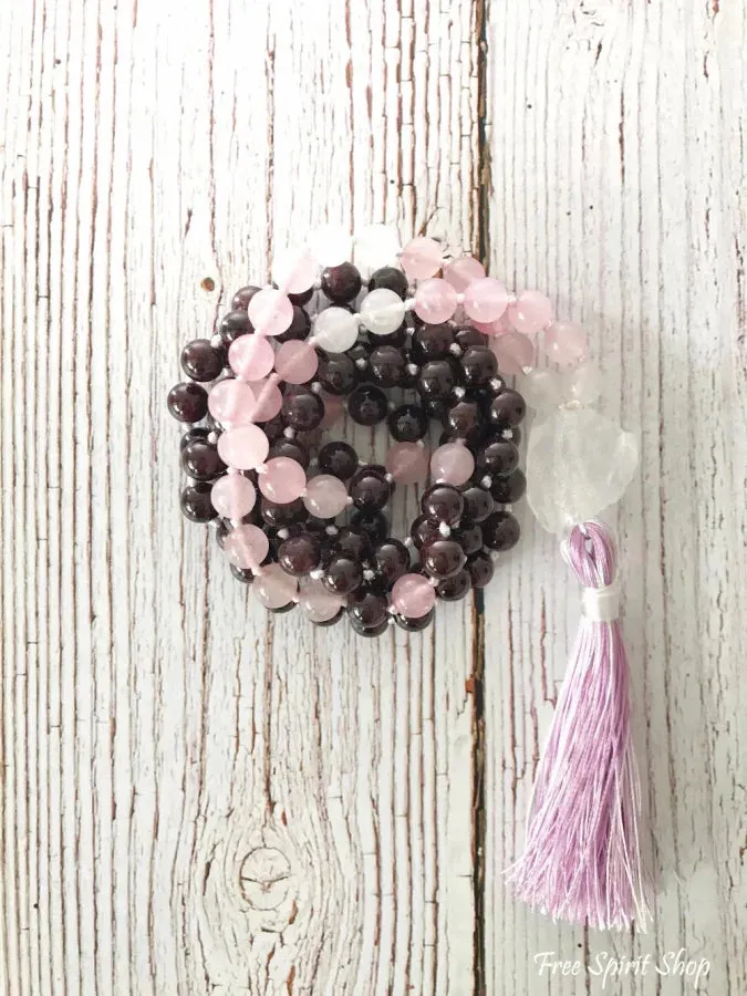 108 Natural Garnet & Rose Quartz Mala Beads Necklace