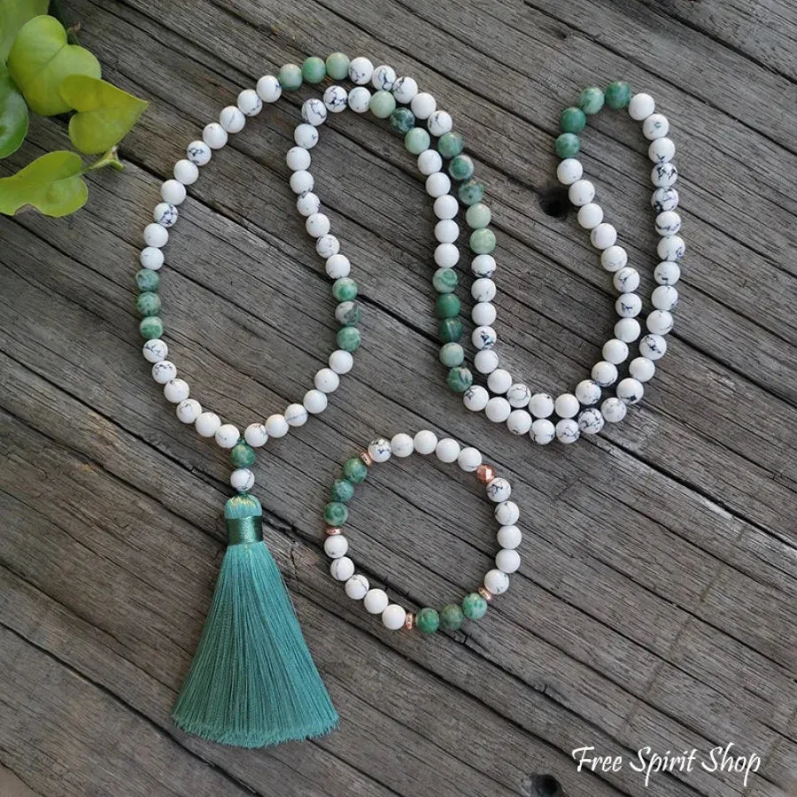 108 Natural Howlite & Green Jasper Mala Bead Necklace & Bracelet