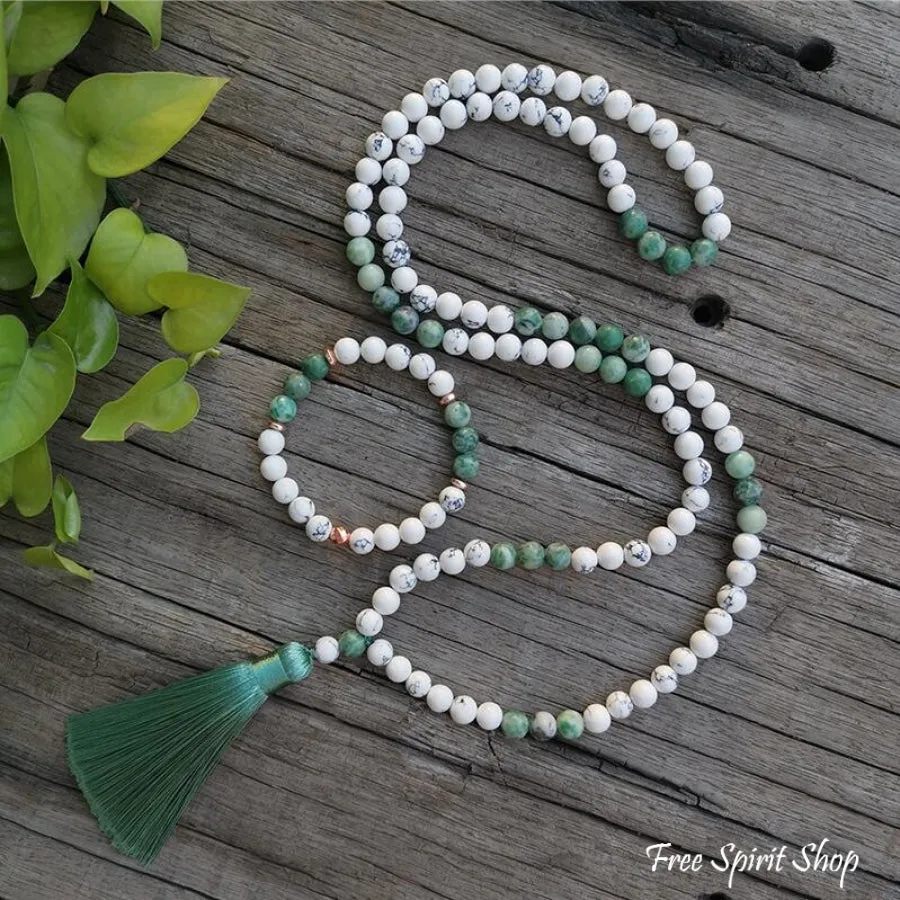 108 Natural Howlite & Green Jasper Mala Bead Necklace & Bracelet