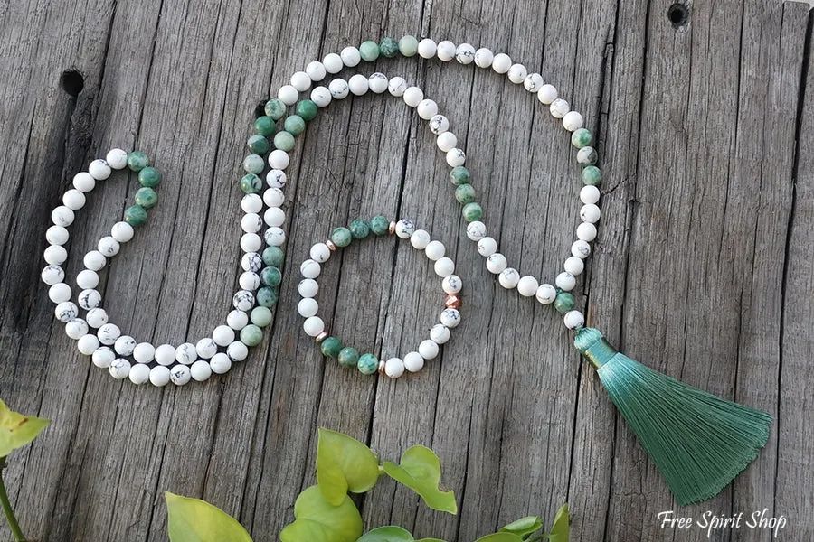 108 Natural Howlite & Green Jasper Mala Bead Necklace & Bracelet