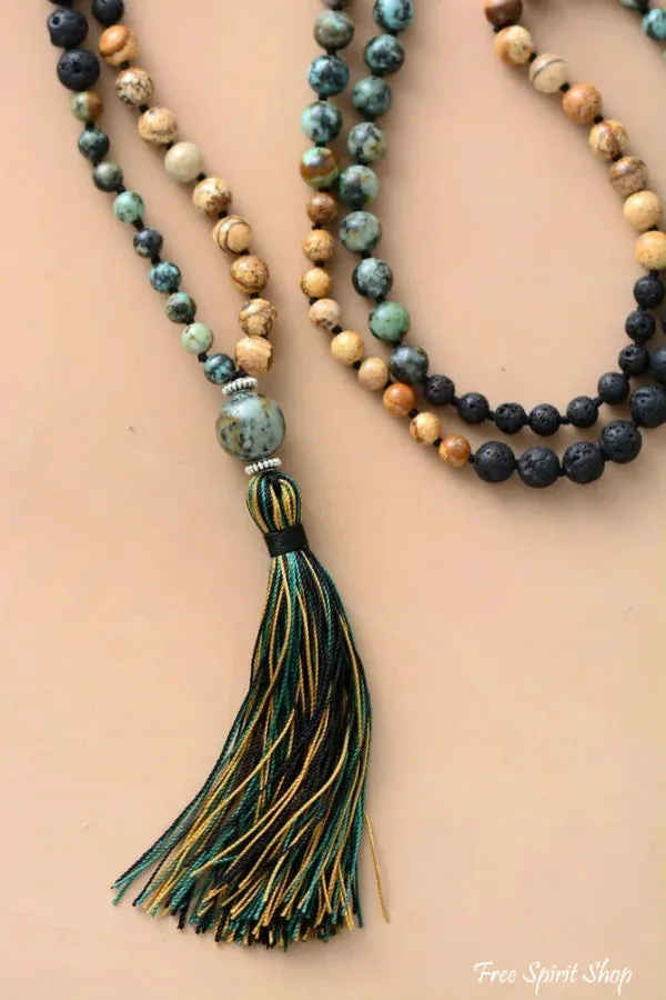 108 Natural Semi-Precious Jasper & Lava Stone Beads Mala Necklace