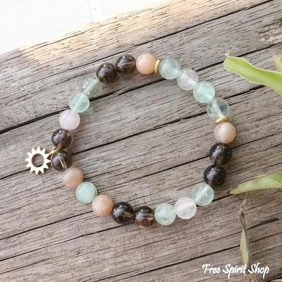 108 Natural Sunstone Fluorite & Smoky Quartz Mala Bead Necklace / Bracelet