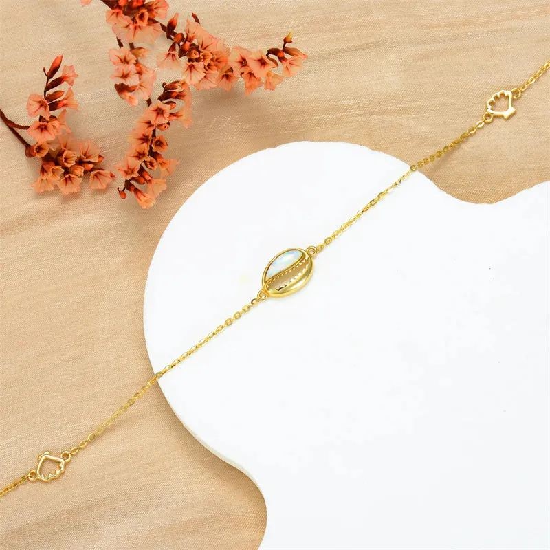 14K Solid Gold White Opal Anklet for Women Dainty Chain Shell Anklets Beach Foot Jewelry Adjustable Anklet Gifts for Her 8.5-10.