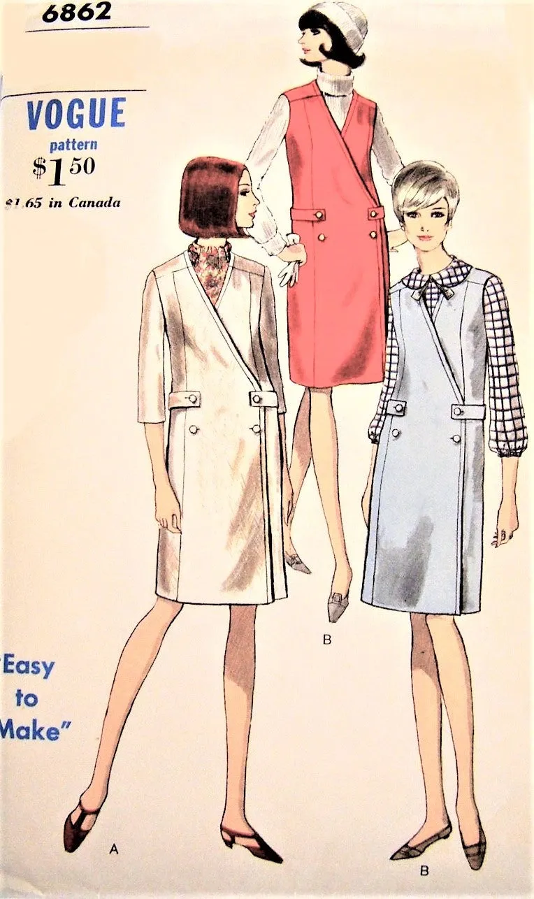 1960s MOD Easy To Make Jumper or Dress and Blouse Pattern VOGUE 6862 Smart Double Breasted Style, Button Back Blouse Bust 32 Vin