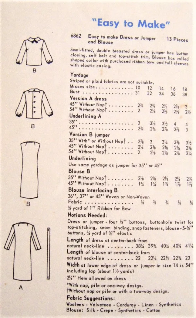 1960s MOD Easy To Make Jumper or Dress and Blouse Pattern VOGUE 6862 Smart Double Breasted Style, Button Back Blouse Bust 32 Vin