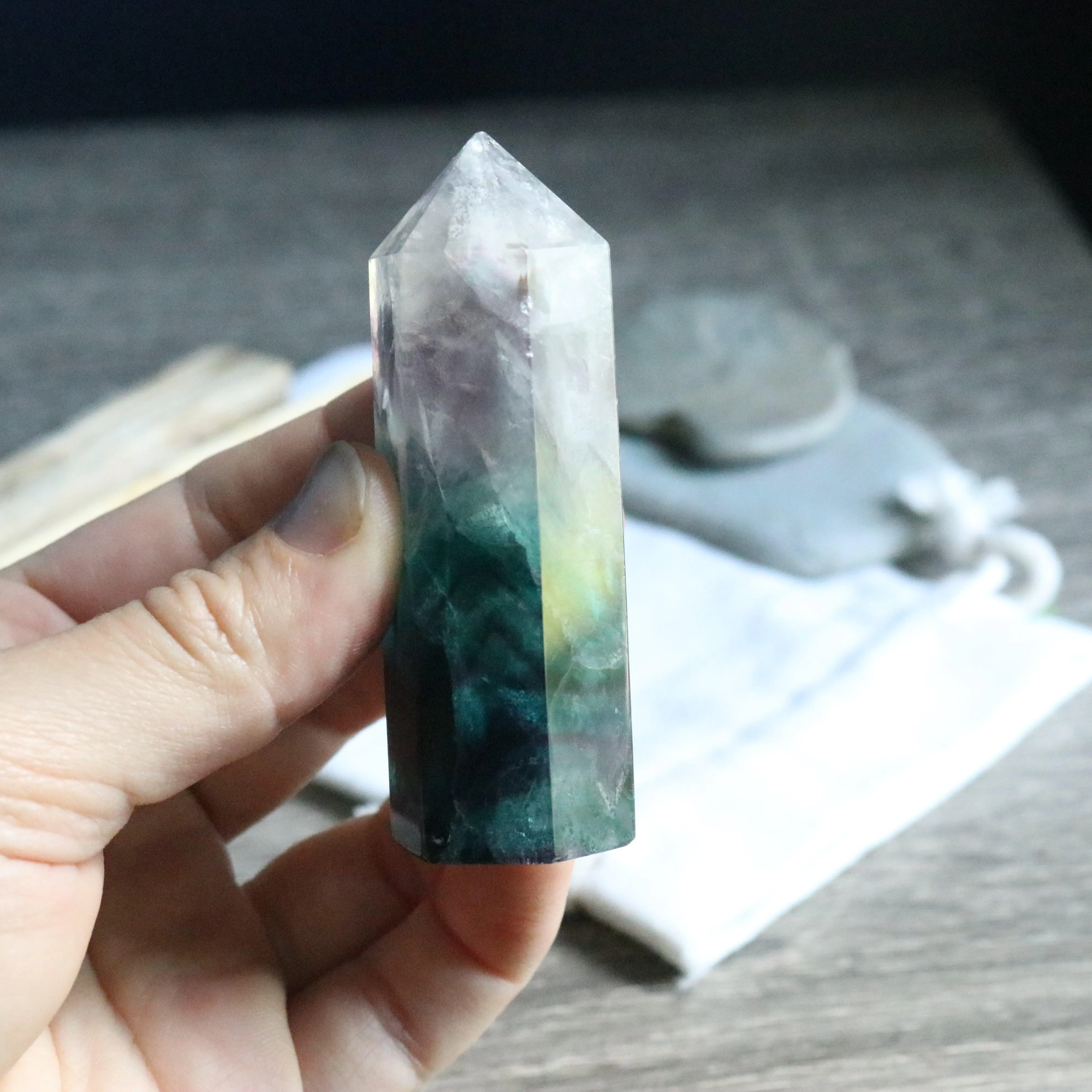 AA Grade ~ Rainbow Fluorite Polished Point ~ Stunning Banding and Clarity