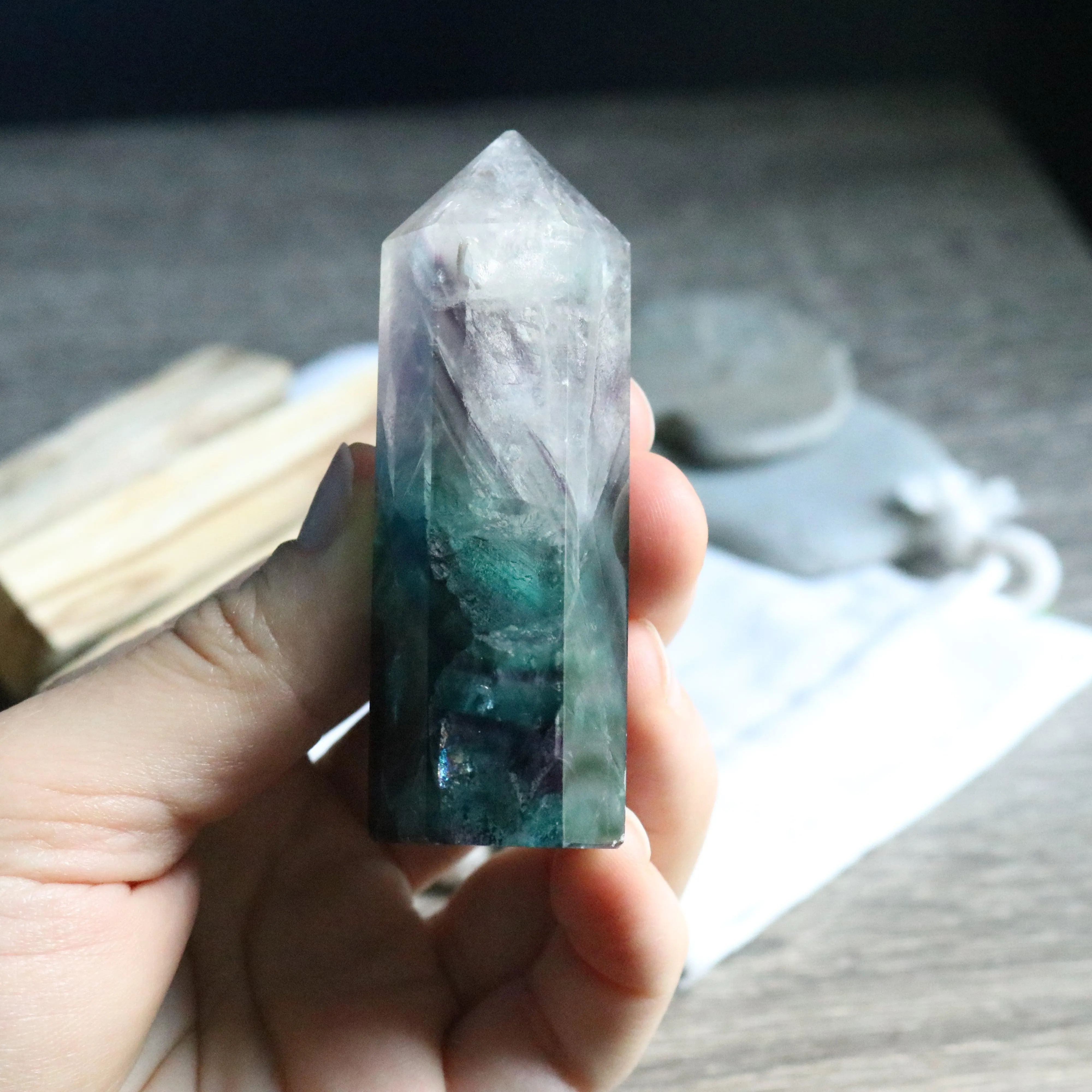 AA Grade ~ Rainbow Fluorite Polished Point ~ Stunning Banding and Clarity