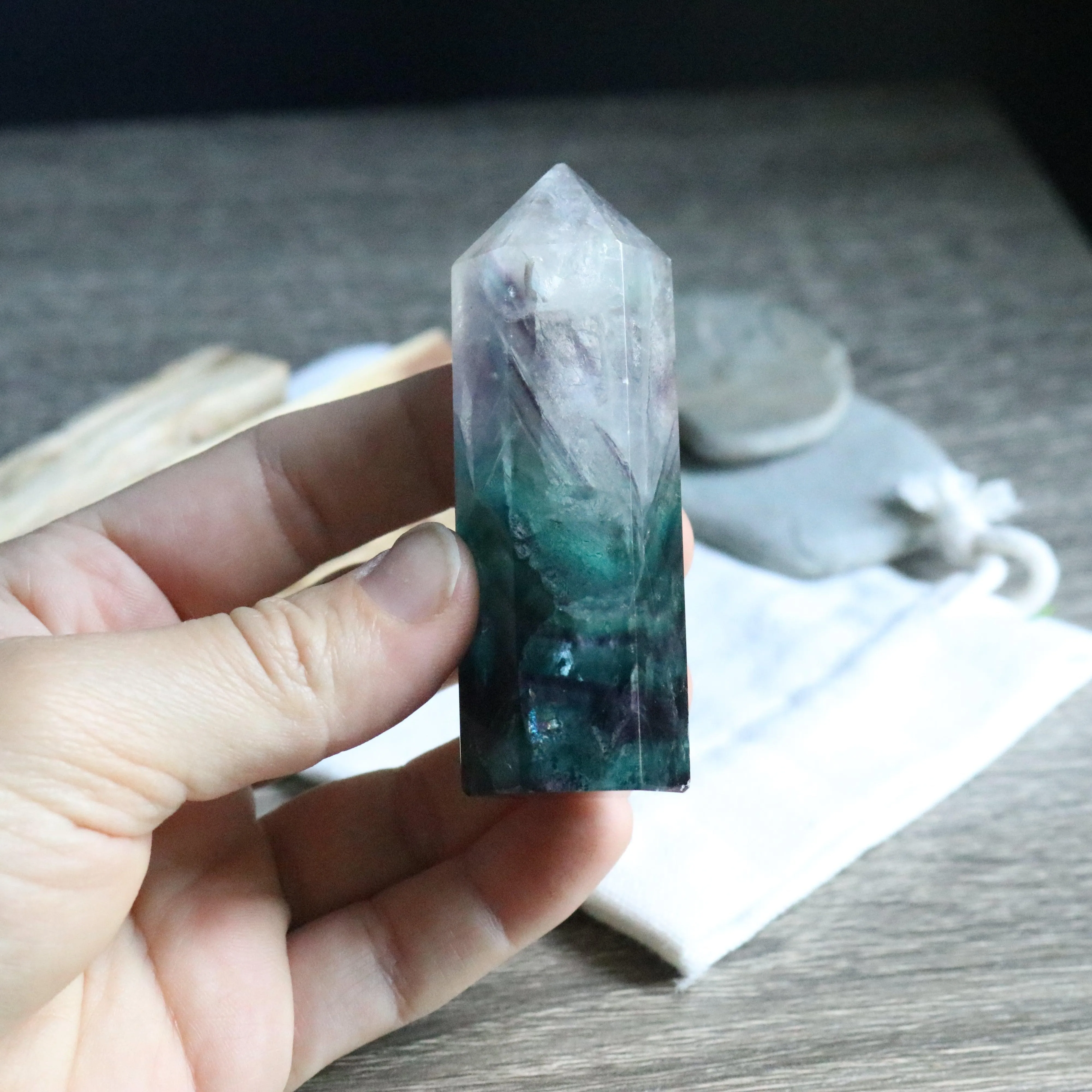 AA Grade ~ Rainbow Fluorite Polished Point ~ Stunning Banding and Clarity