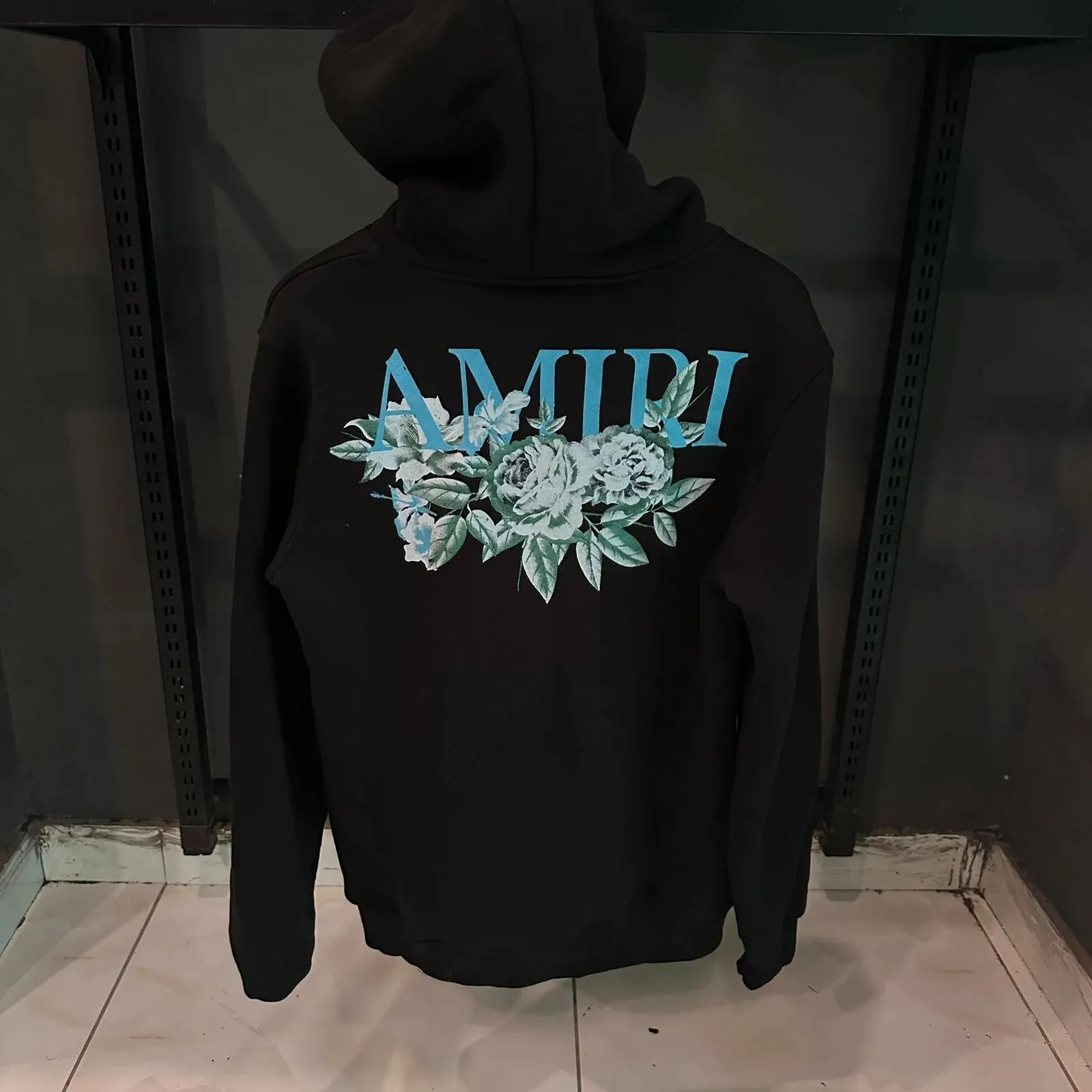 AMIRI BLACK HOODIE WHITE BLUE FLOWER PRINT - The Nucleus Clothing