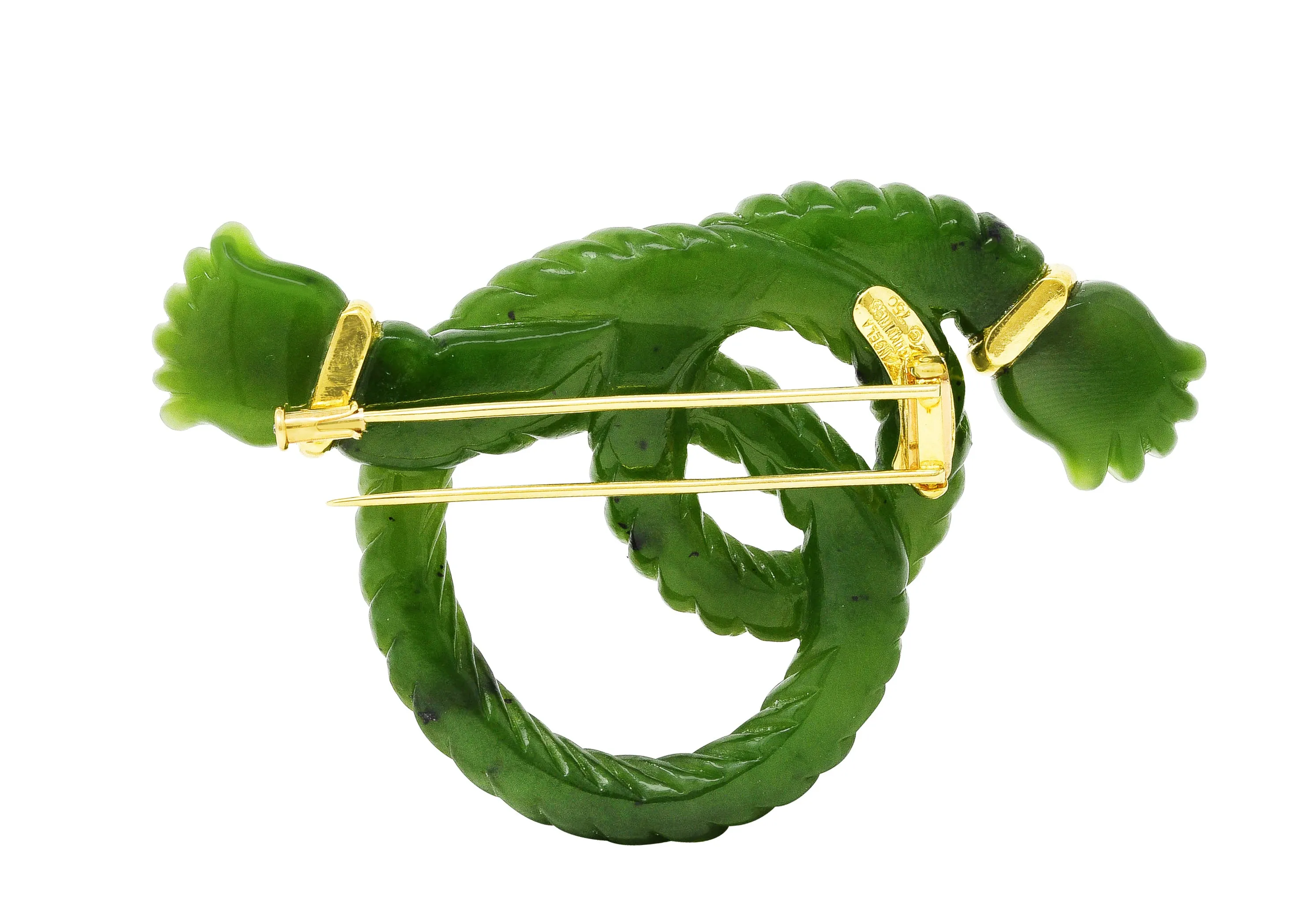 Angela Cummings Nephrite Jade 18 Karat Yellow Gold Rope Knot Vintage Brooch