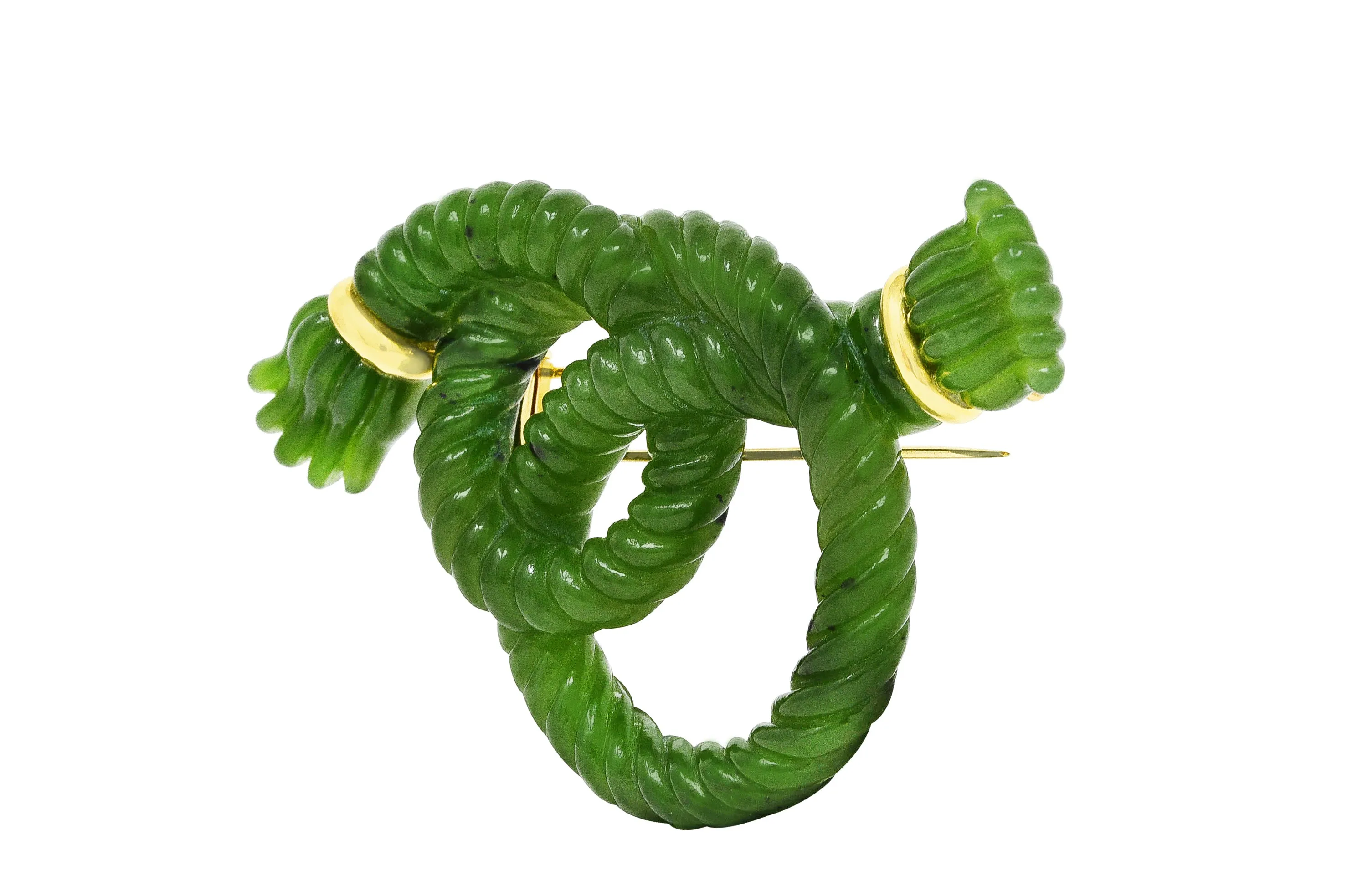 Angela Cummings Nephrite Jade 18 Karat Yellow Gold Rope Knot Vintage Brooch