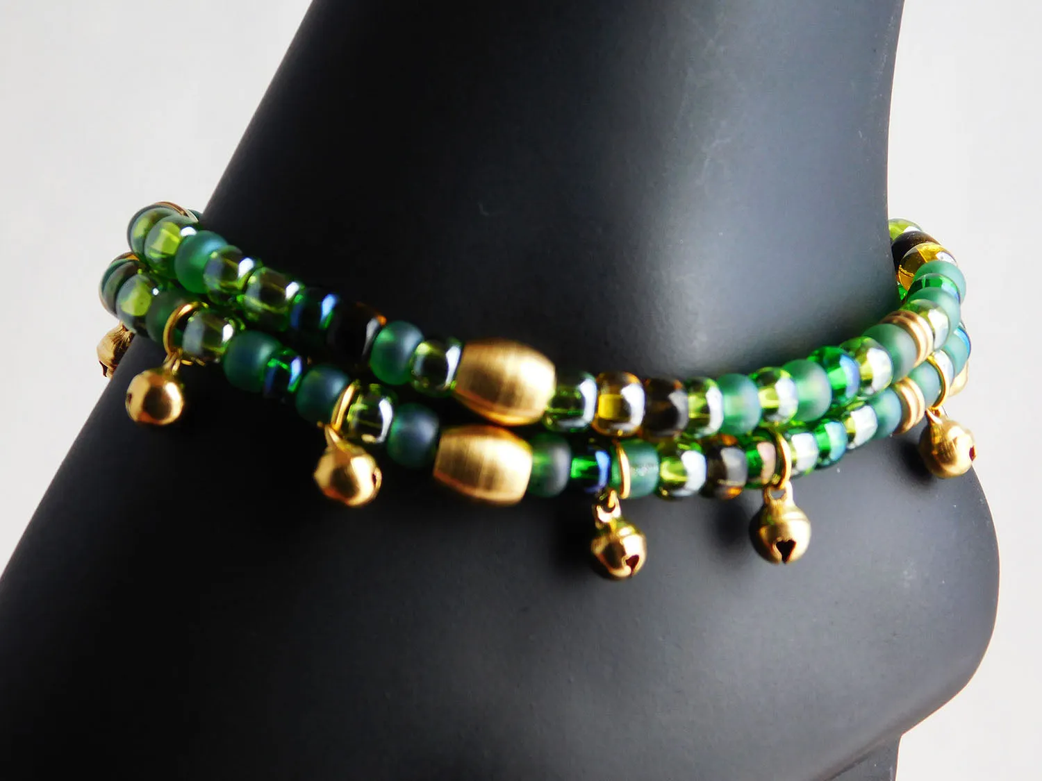 Anklet Beaded Green Brass Leather Women