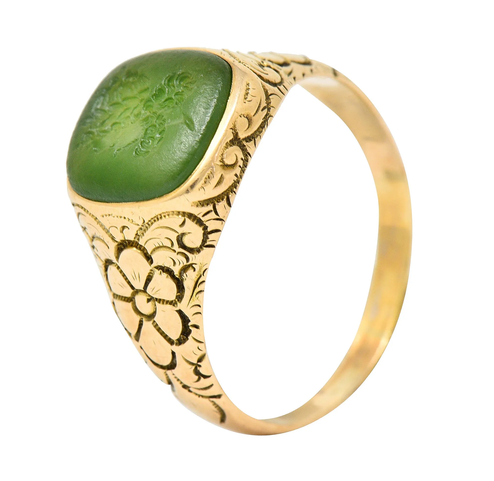 Art Nouveau Nephrite Intaglio 14 Karat Gold Zeus Signet Ring