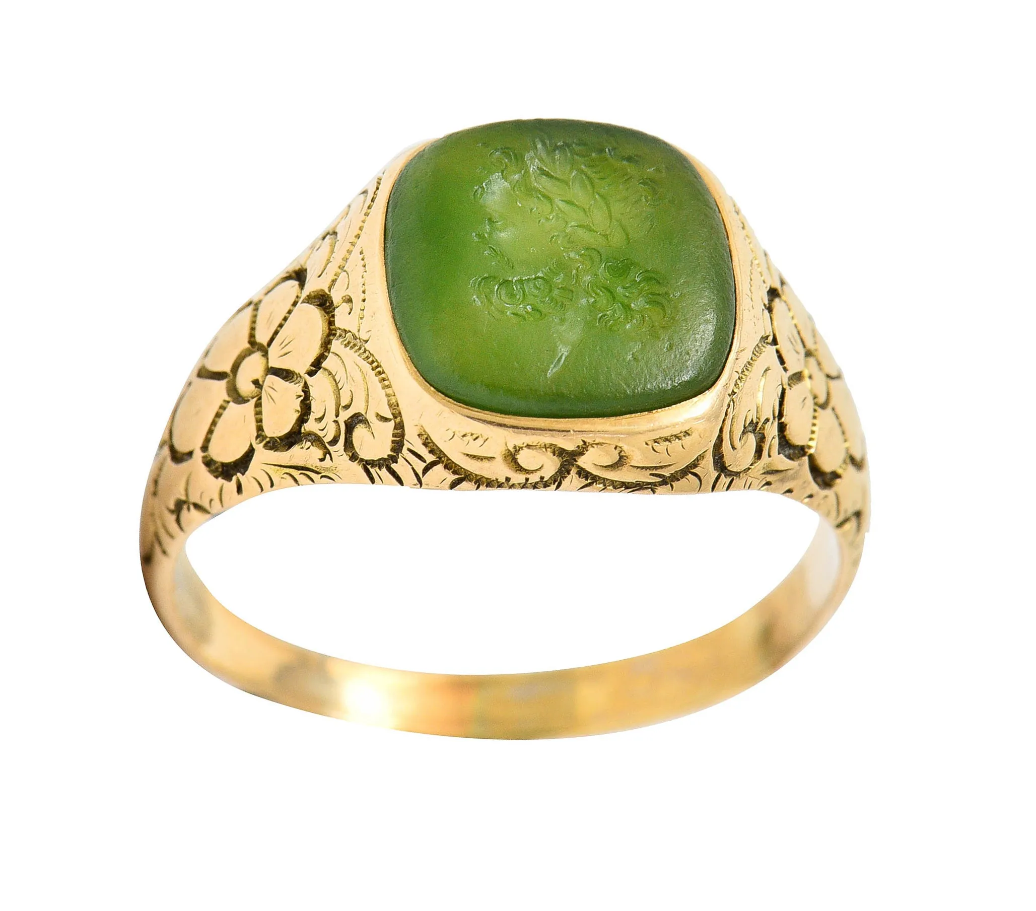 Art Nouveau Nephrite Intaglio 14 Karat Gold Zeus Signet Ring