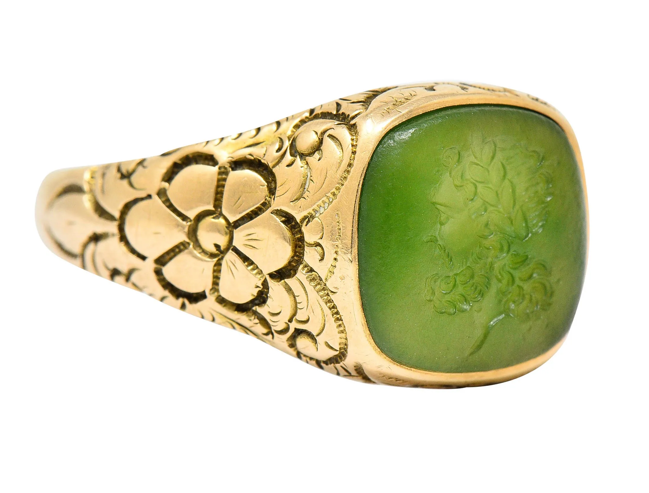 Art Nouveau Nephrite Intaglio 14 Karat Gold Zeus Signet Ring