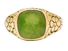 Art Nouveau Nephrite Intaglio 14 Karat Gold Zeus Signet Ring