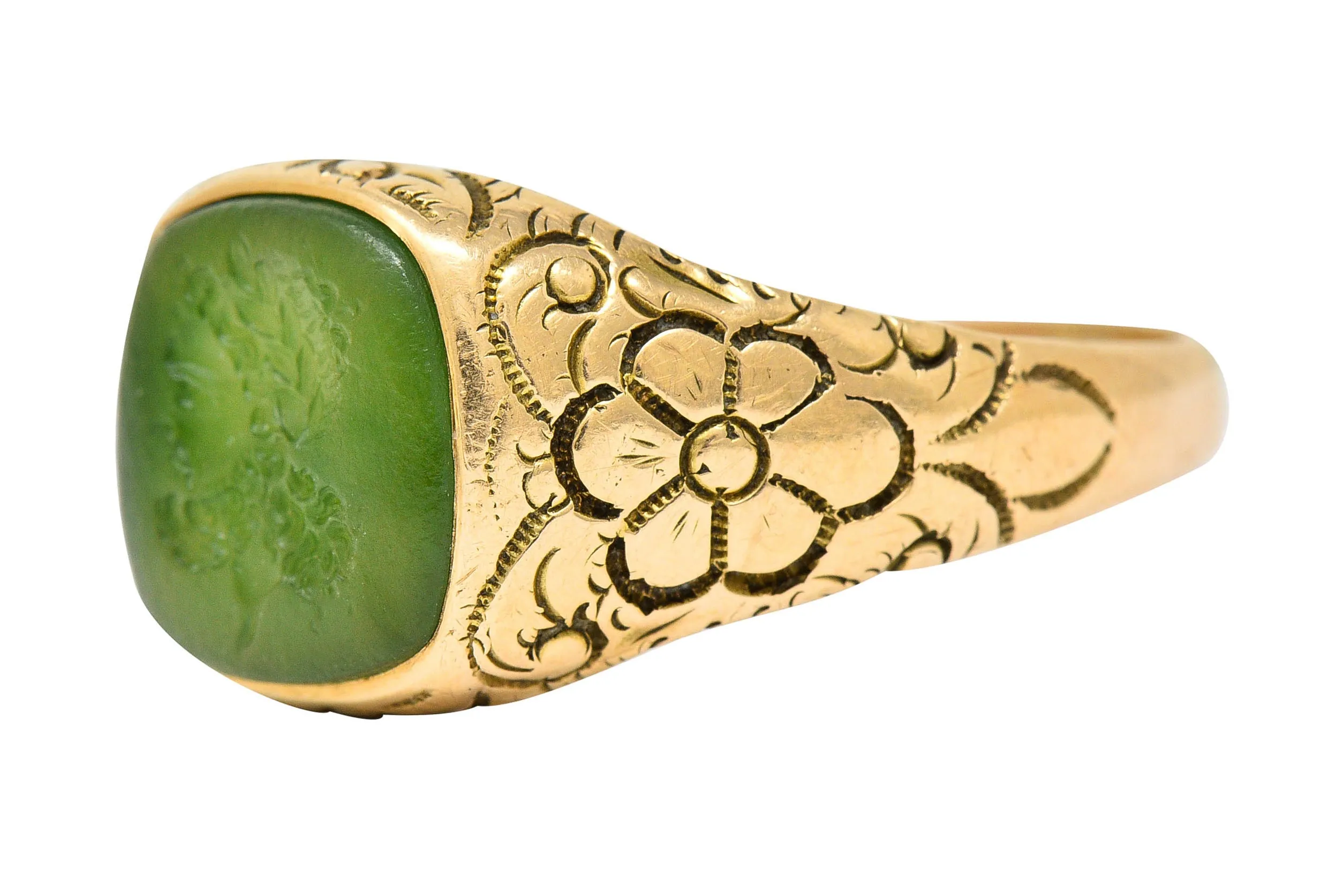 Art Nouveau Nephrite Intaglio 14 Karat Gold Zeus Signet Ring