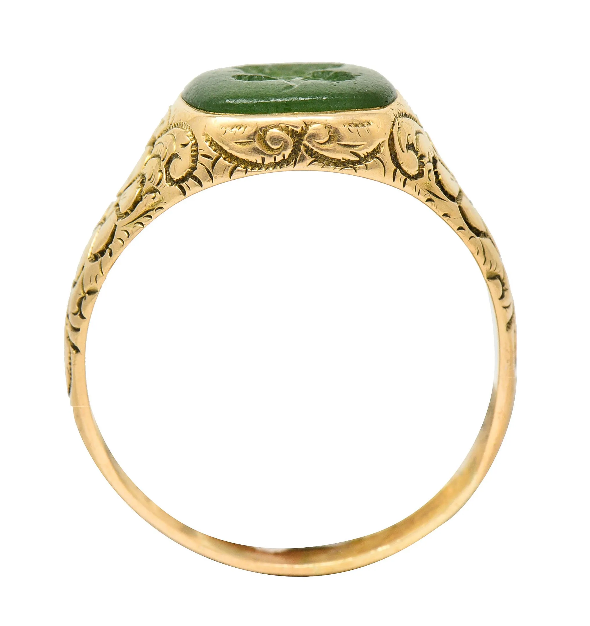 Art Nouveau Nephrite Intaglio 14 Karat Gold Zeus Signet Ring