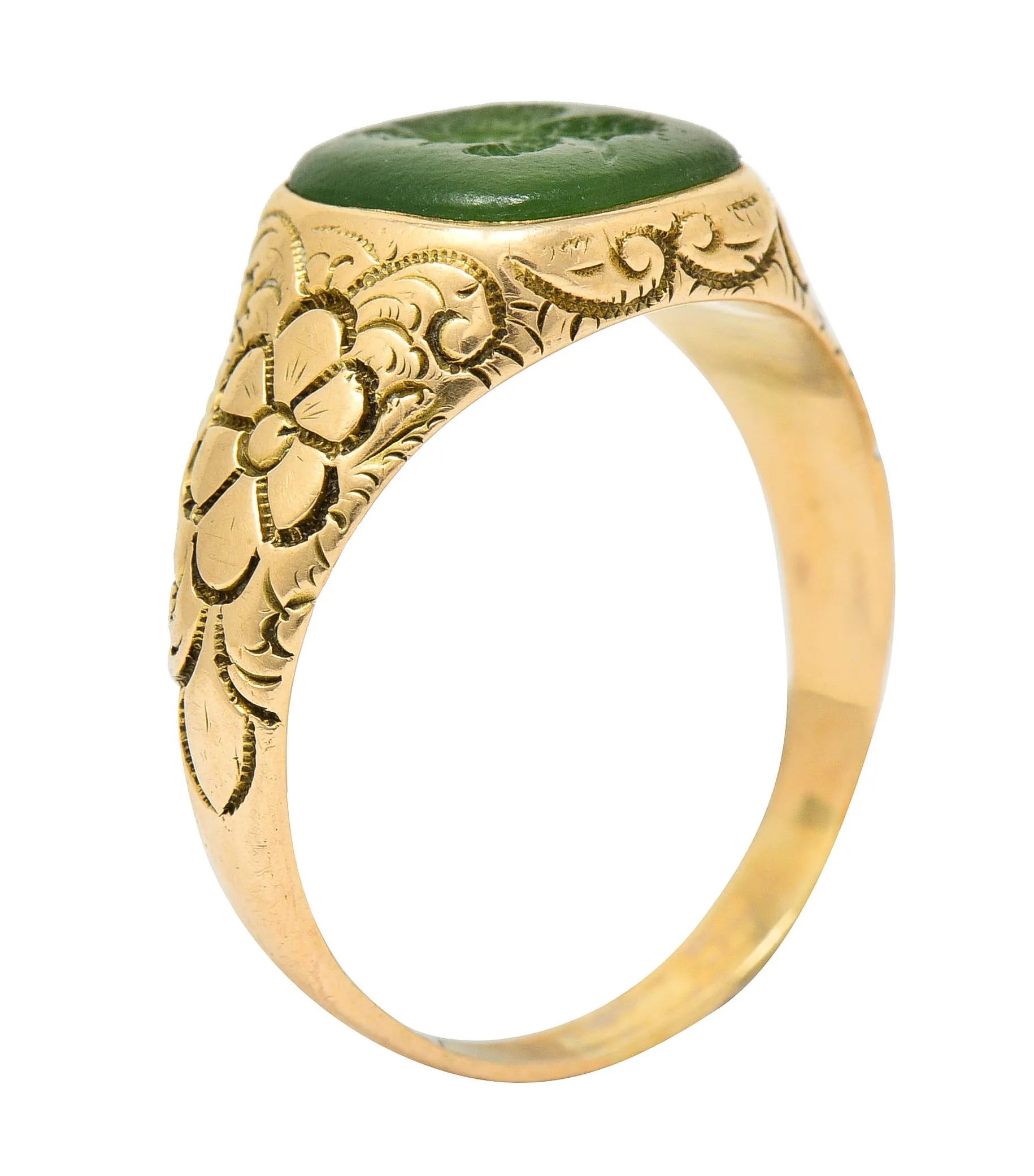 Art Nouveau Nephrite Intaglio 14 Karat Gold Zeus Signet Ring