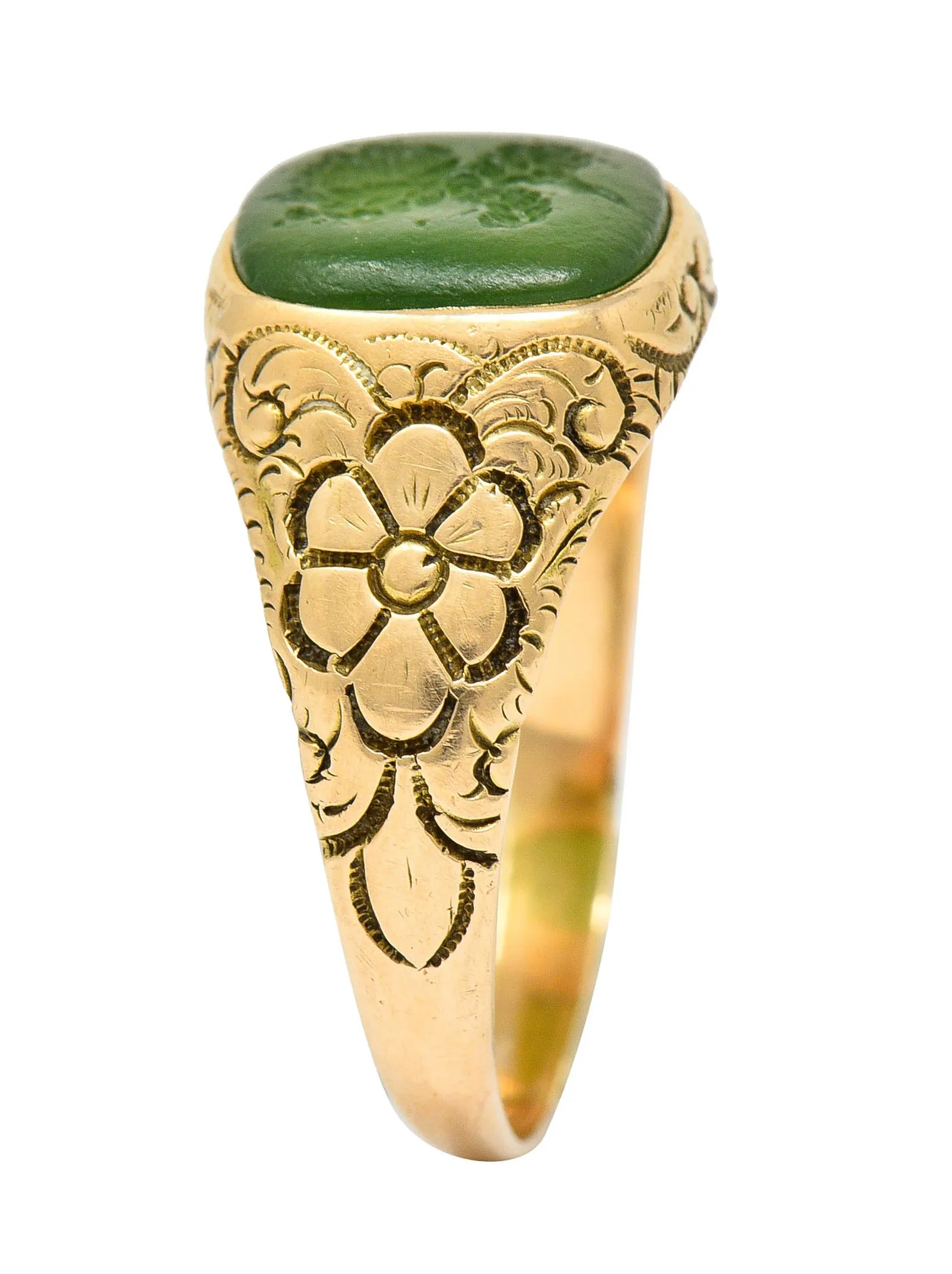 Art Nouveau Nephrite Intaglio 14 Karat Gold Zeus Signet Ring