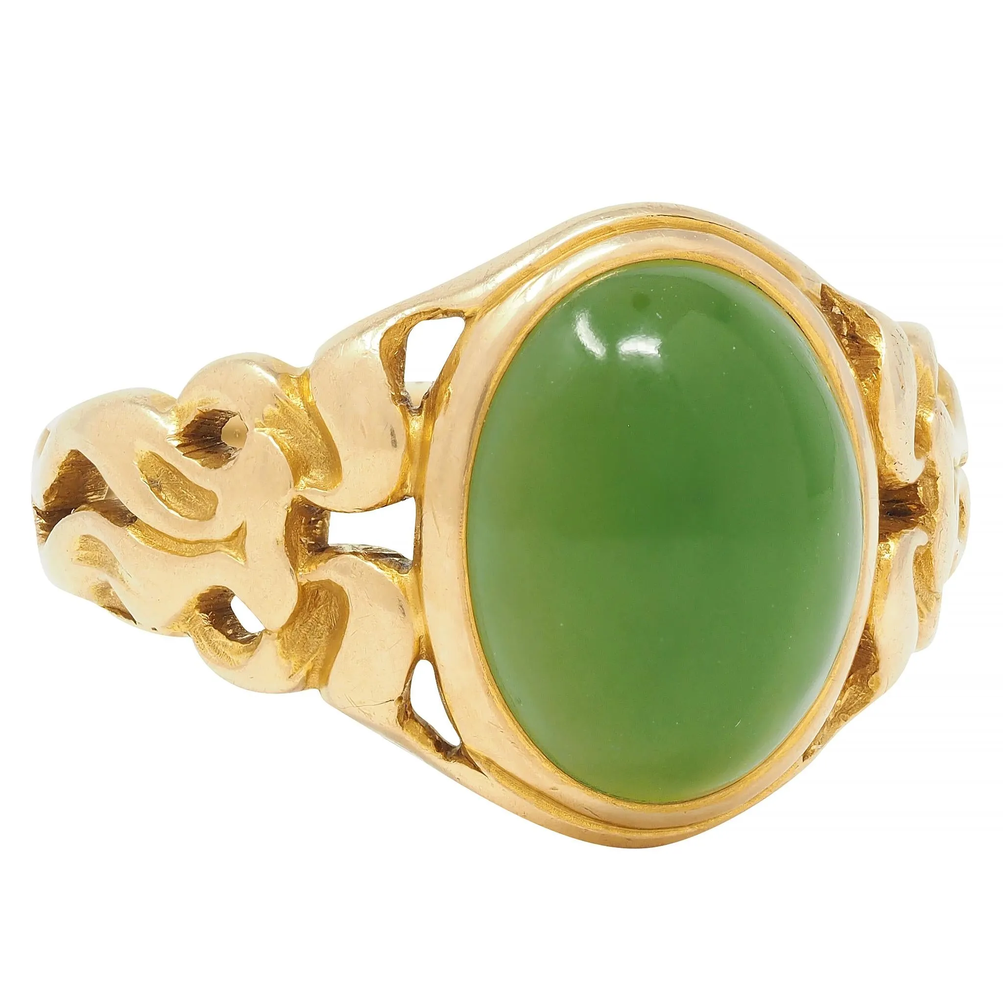 Art Nouveau Nephrite Jade 14 Karat Yellow Gold Antique Unisex Signet Ring