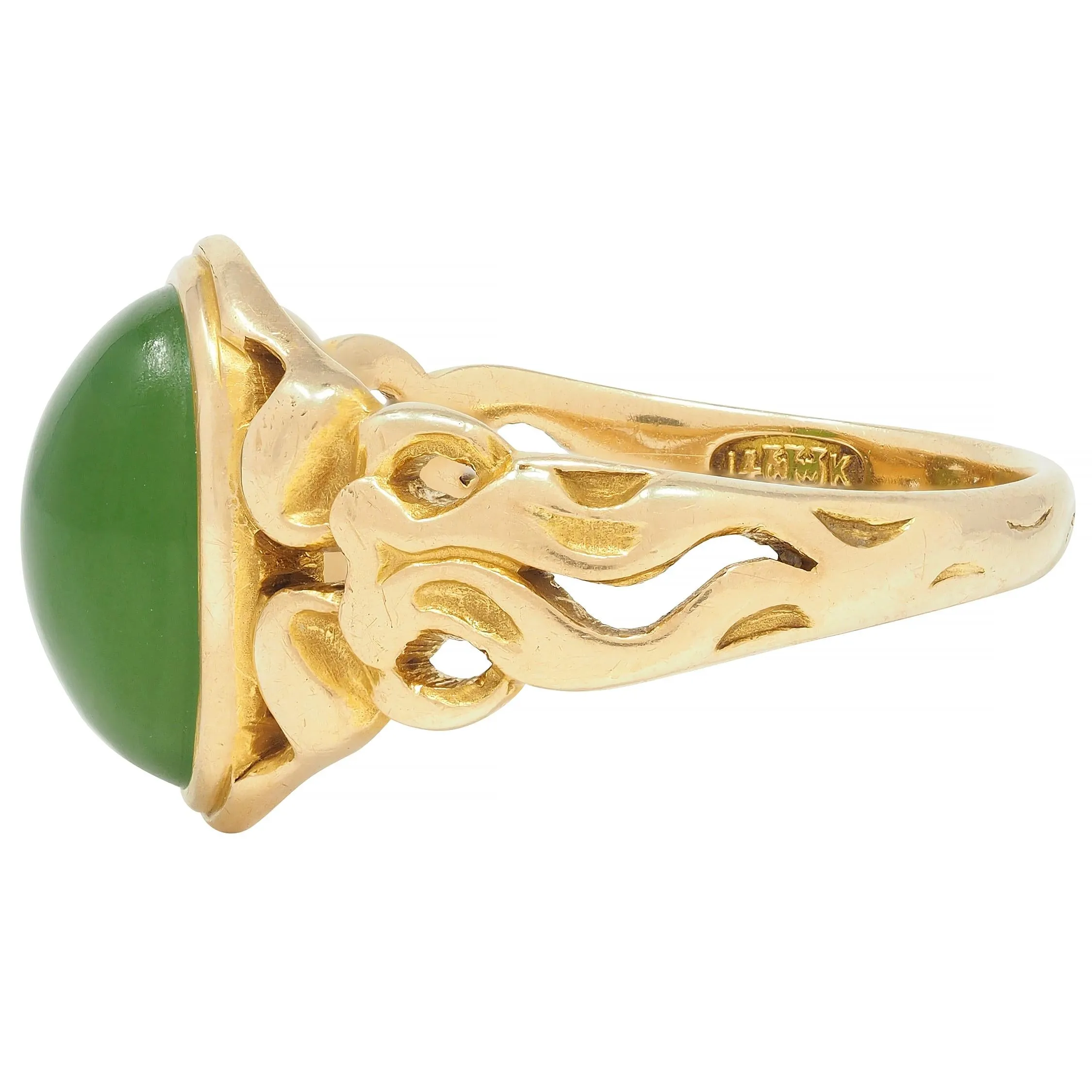 Art Nouveau Nephrite Jade 14 Karat Yellow Gold Antique Unisex Signet Ring