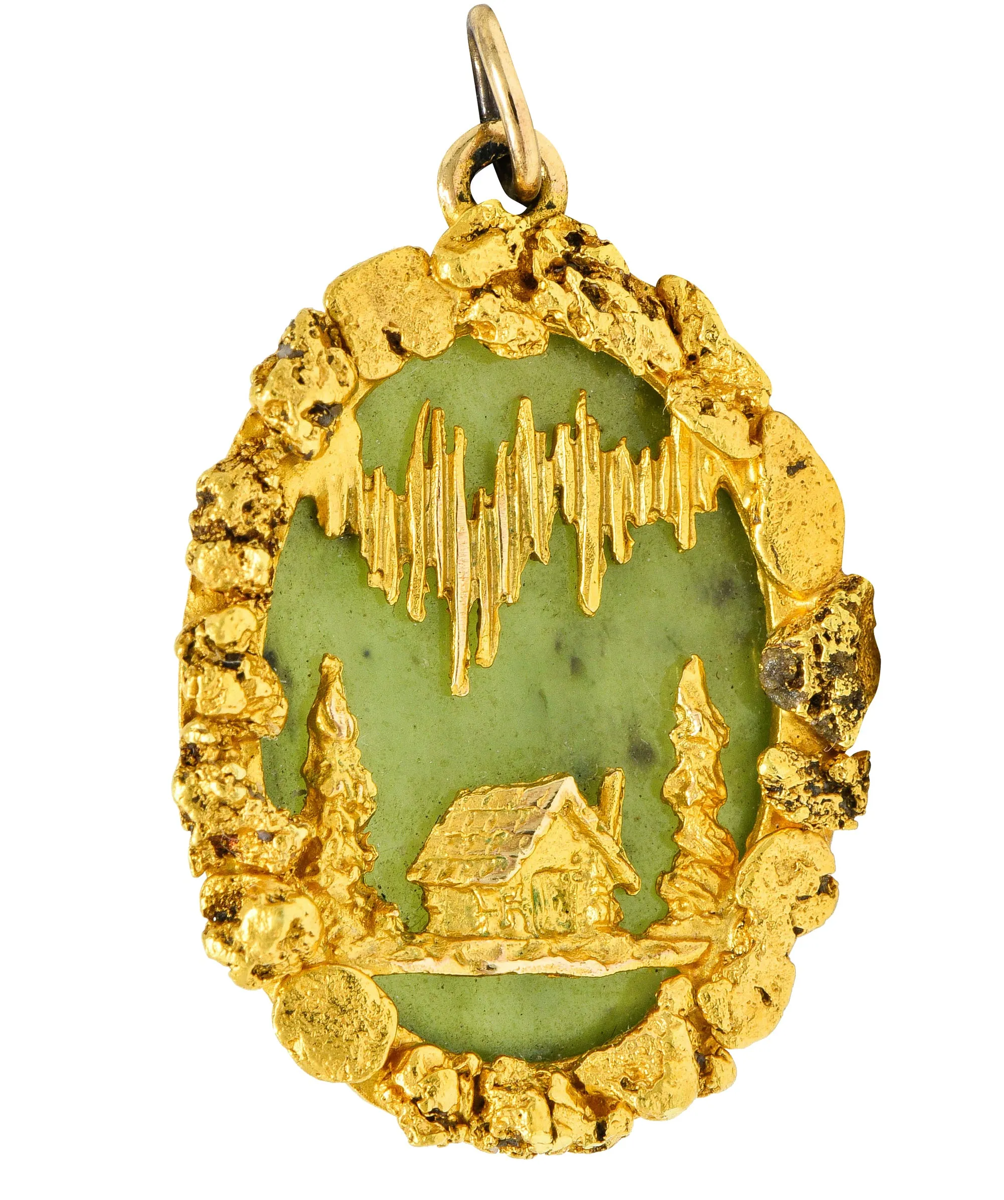 Art Nouveau Nephrite Jade 18 Karat Gold Rush California Cabin Pendant Charm