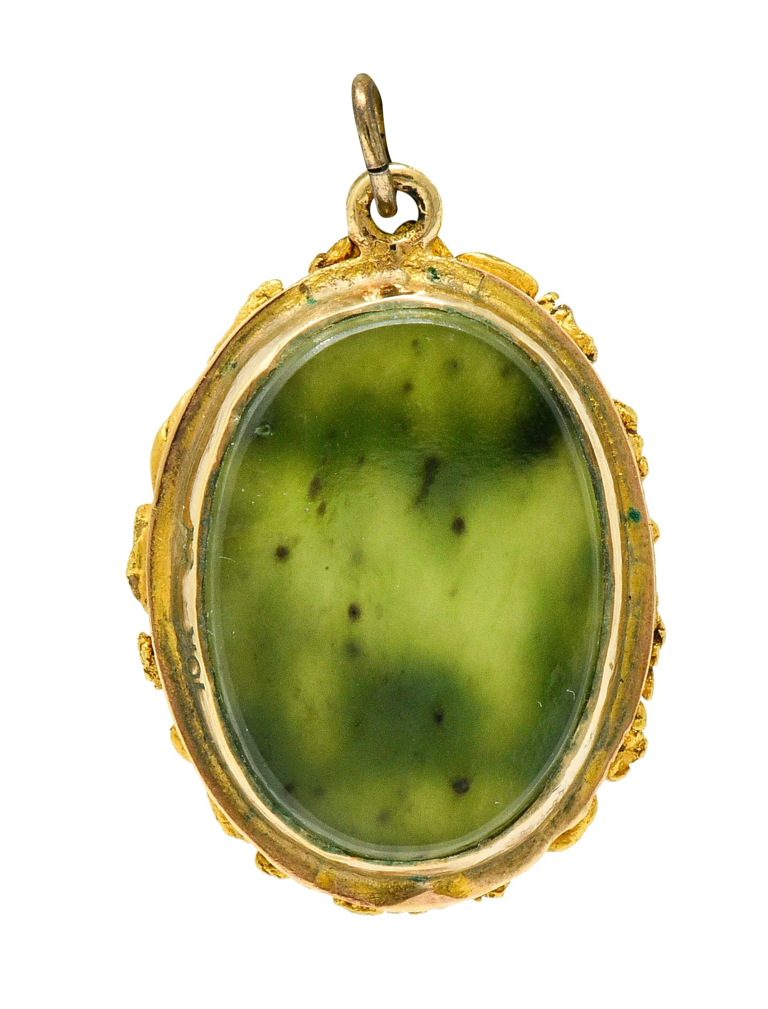 Art Nouveau Nephrite Jade 18 Karat Gold Rush California Cabin Pendant Charm