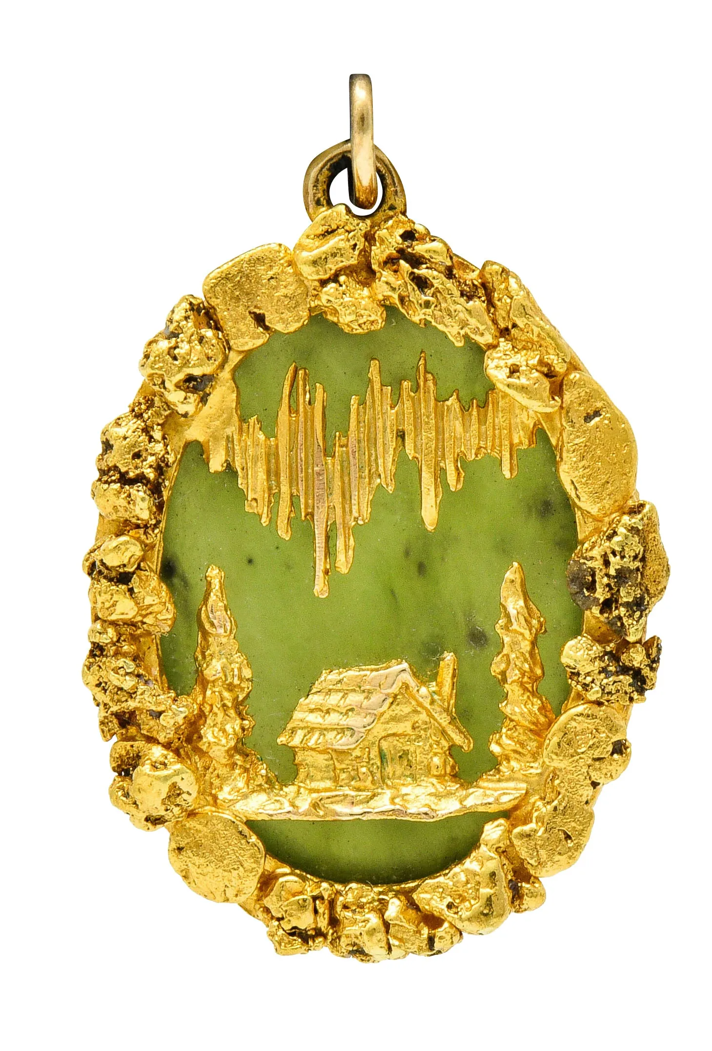 Art Nouveau Nephrite Jade 18 Karat Gold Rush California Cabin Pendant Charm