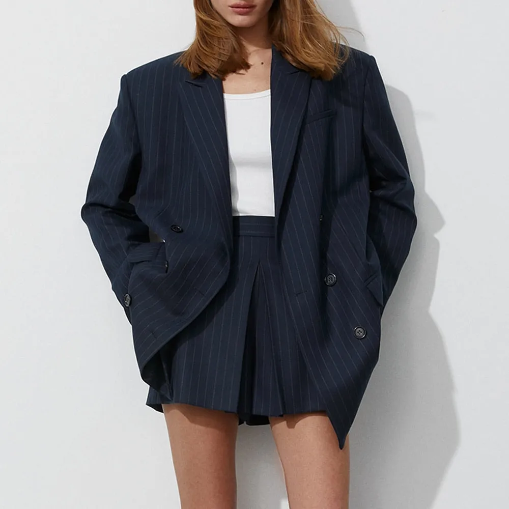 Ashore Shop Minimalist Striped Two Piece Sets For Women Notched Collar Long Sleeve Blazers High Waist Shorts Casual Set Female F