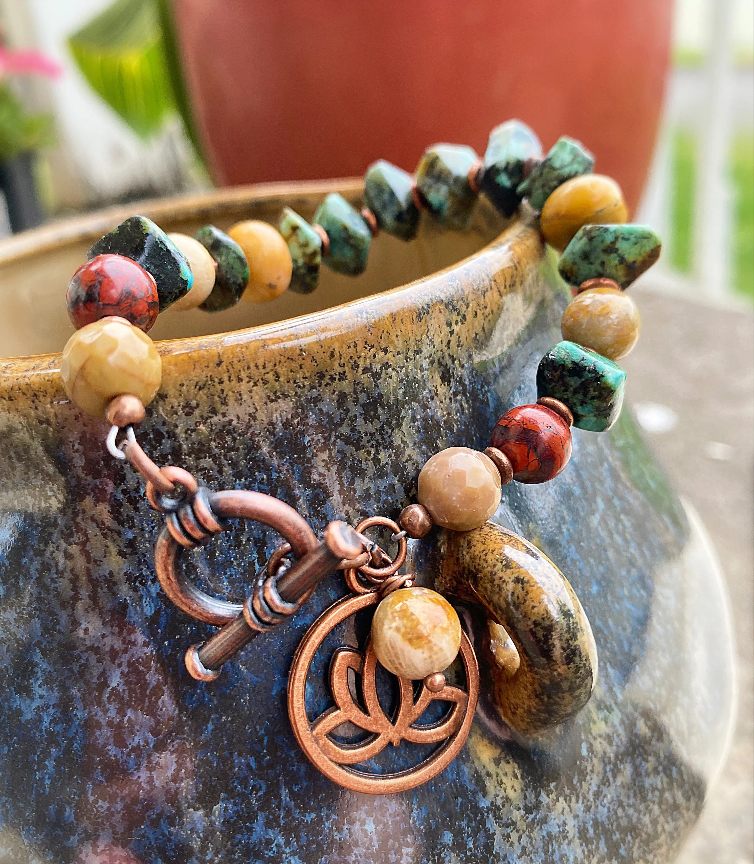 Because turquoise. Green turquoise, Jasper, copper metal bracelet.