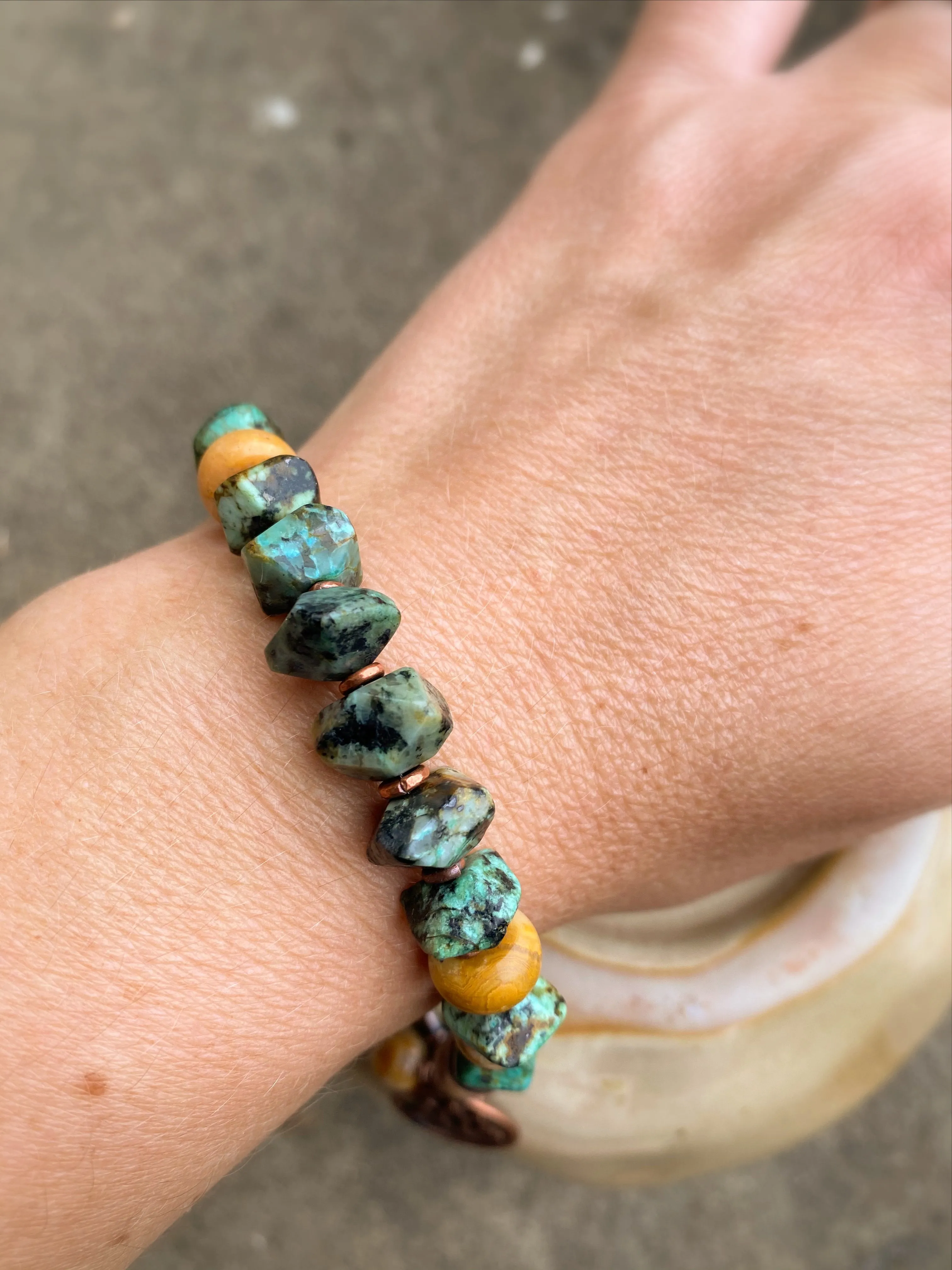 Because turquoise. Green turquoise, Jasper, copper metal bracelet.