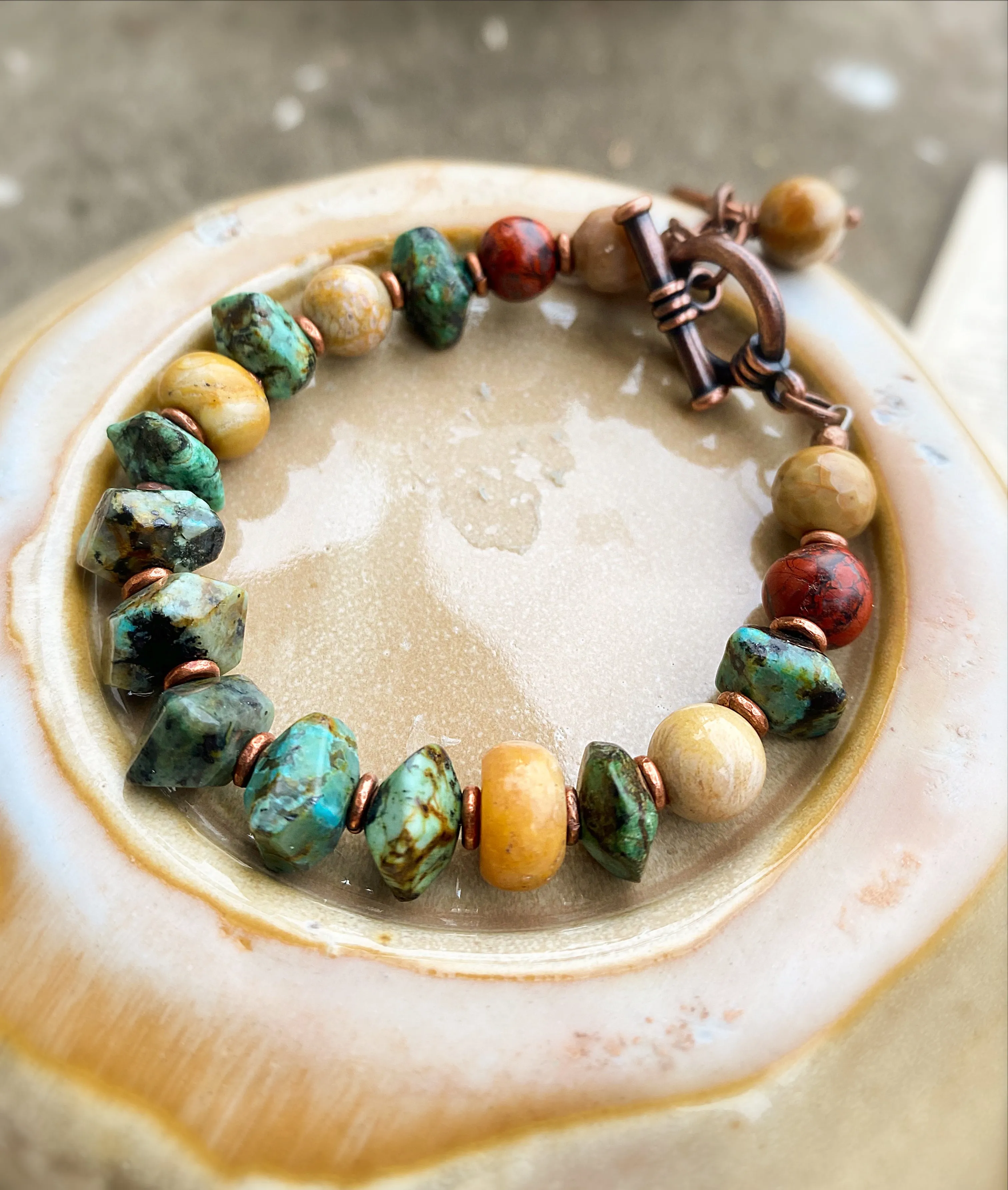 Because turquoise. Green turquoise, Jasper, copper metal bracelet.