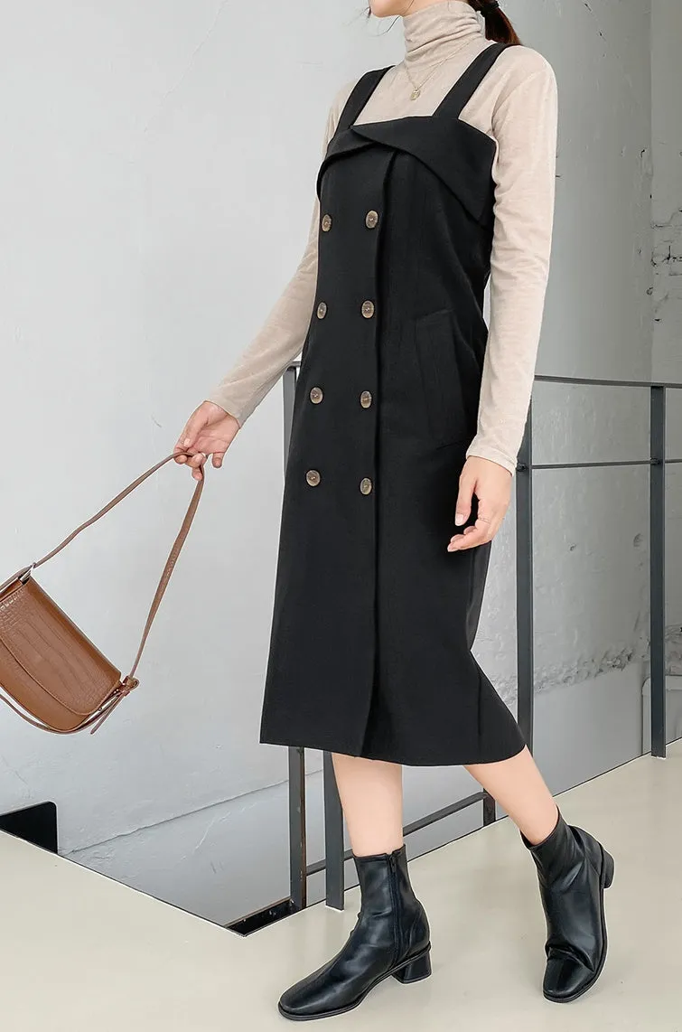 Beige Black Suspenders Classic Double Breasted Trench Dresses For Womens Sleeveless Pencil Fitted Korean Drama Fashion Style Clo