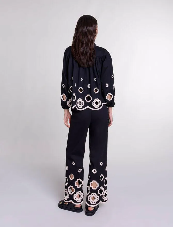 Black Floral 2-Piece Set with Lantern Sleeves Shirt & Long Pants