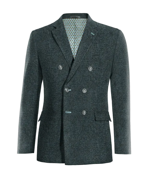 Blue donegal tweed double breasted Jacket with customized threads