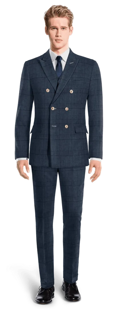 Blue prince of wales lightweight linen double-breasted 3-piece Suit