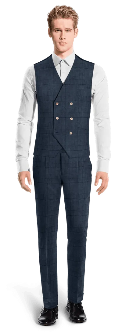 Blue prince of wales lightweight linen double-breasted 3-piece Suit