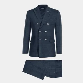 Blue prince of wales lightweight linen double-breasted 3-piece Suit