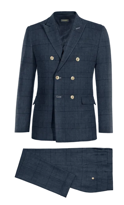 Blue prince of wales lightweight linen double-breasted 3-piece Suit